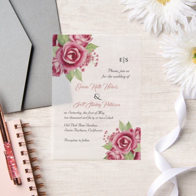 Dusty pink watercolor rose flowers floral vellum invitations (Wedding)