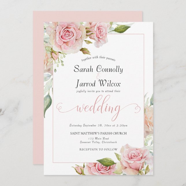 Dusty Pink Watercolor Rose Wedding Invitation (Front/Back)