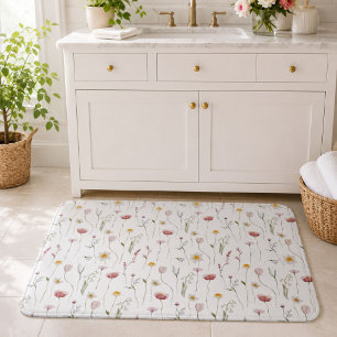 Dusty Pink Watercolor Wildflower Bath Mat