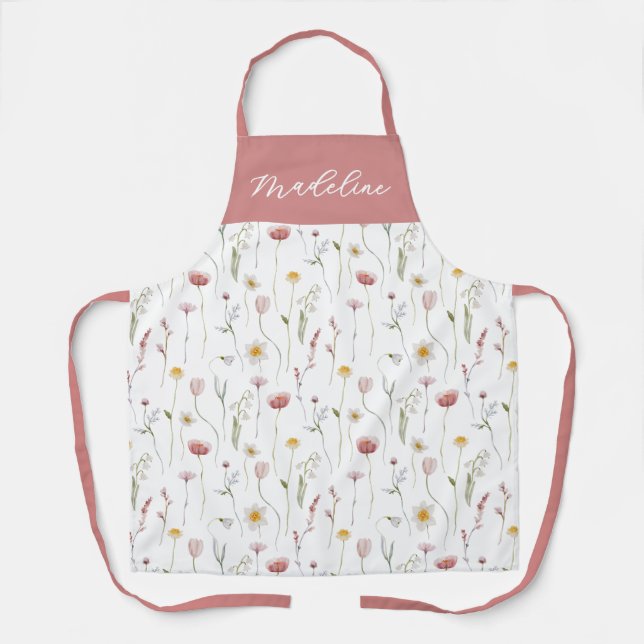 Dusty Pink Watercolor Wildflower Custom Name Apron (Front)
