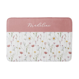 Dusty Pink Watercolor Wildflower Monogram Name Bath Mat