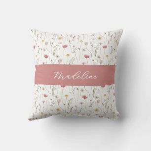 Dusty Pink Watercolor Wildflower Monogram Name Cushion