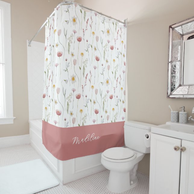 Dusty Pink Watercolor Wildflower Monogram Name Shower Curtain (In Situ)