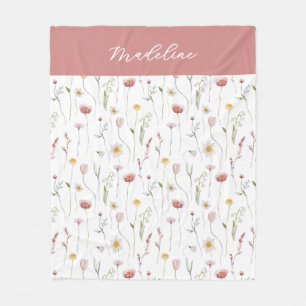 Dusty Pink Watercolor Wildflower Name Fleece Blanket