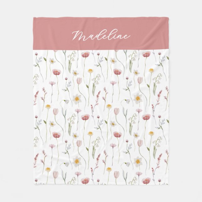 Dusty Pink Watercolor Wildflower Name Fleece Blanket (Front)