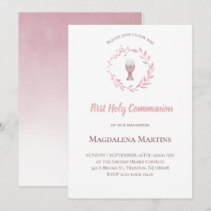 dusty pink  watercolor wreath  first communion invitation