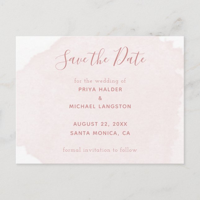 Dusty Pink Watercolour Splash Save The Date Announcement Postcard (Front)