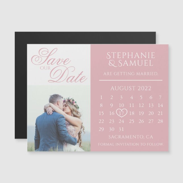 Dusty Pink Wedding Calendar Photo Save the Date Magnetic Invitation (Front/Back)