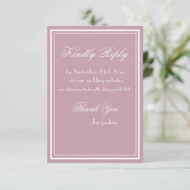 Dusty Pink White Border Fancy White Script RSVP Enclosure Card (Standing Front)