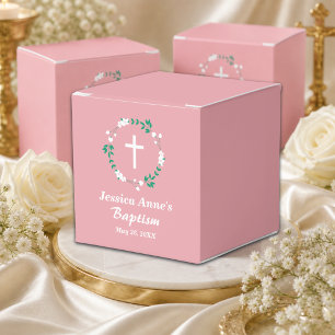 Dusty Pink White Cross Floral Crest Baptism Favour Box