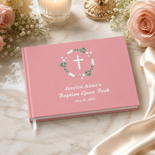 Dusty Pink White Cross Floral Crest Baptism Guest Book