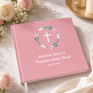 Dusty Pink White Cross Floral Crest Baptism Guest Book