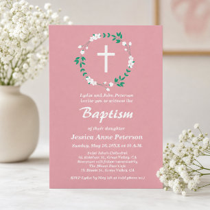 Dusty Pink White Cross Floral Crest Baptism  Invitation