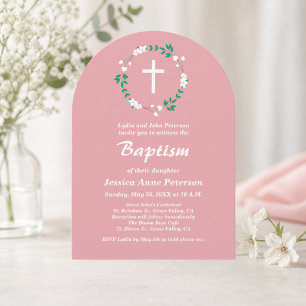 Dusty Pink White Cross Floral Crest Baptism  Invitation