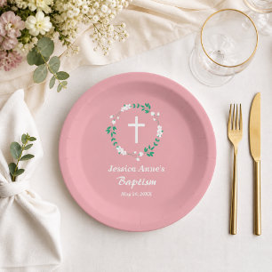 Dusty Pink White Cross Floral Crest Baptism Paper Plate