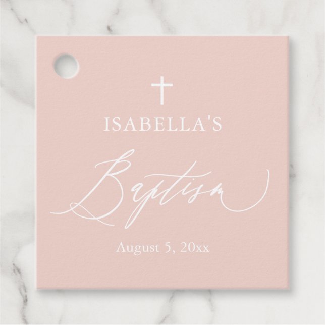 Dusty Pink White Cross Girl Baptism Favour Tag (Front)