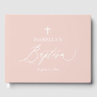 Dusty Pink White Cross Girl Baptism Guest Book