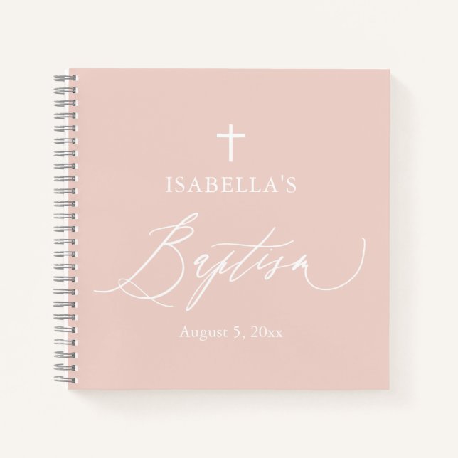 Dusty Pink White Cross Girl Baptism Guest Book (Front)