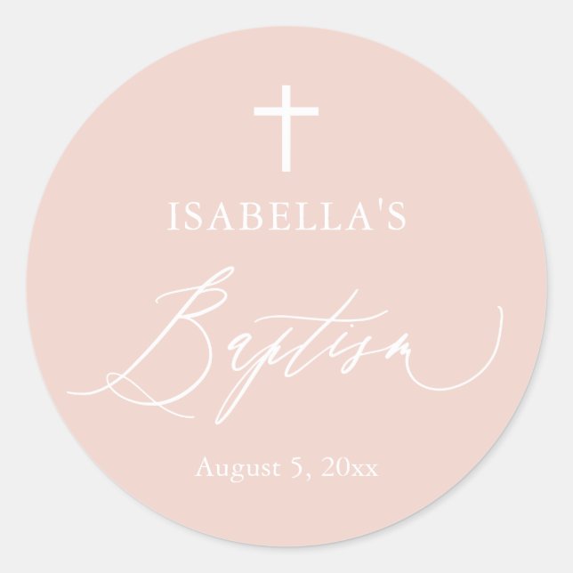 Dusty Pink White Cross Girl Baptism Round Sticker (Front)