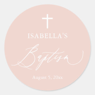 Dusty Pink White Cross Girl Baptism Round Sticker