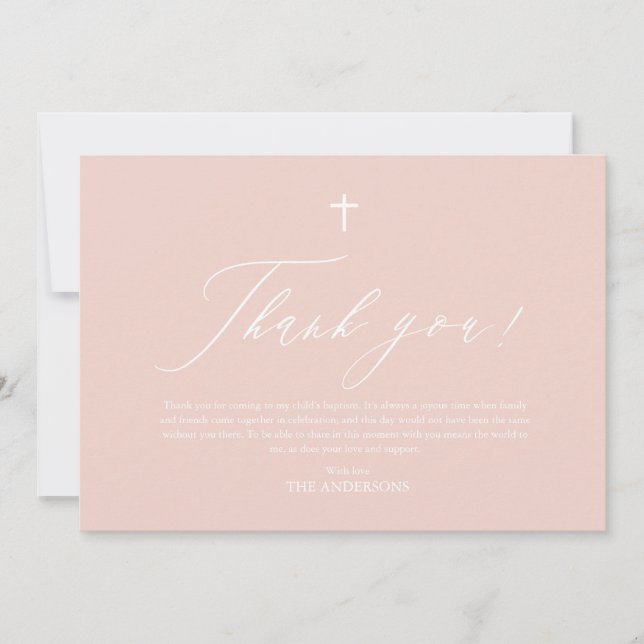 Dusty Pink White Cross Girl Baptism Thank You Card (Front)