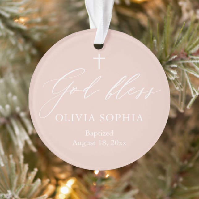 Dusty Pink White Cross Girl Photo Baptism Ornament (Tree)