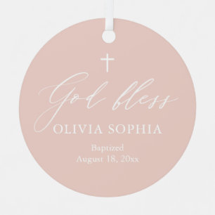 Dusty Pink White Cross Photo Girl Baptism Ornament