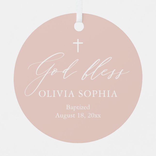Dusty Pink White Cross Photo Girl Baptism Ornament (Front)