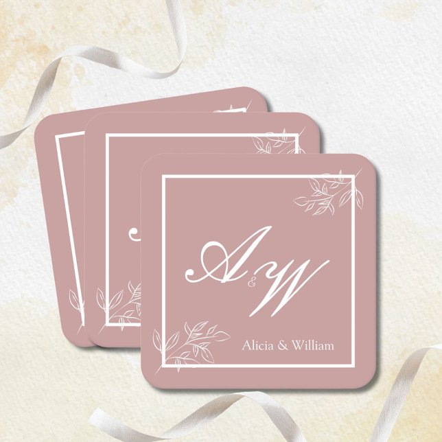 Dusty Pink & White Custom Wedding Square Paper Coaster (Creator Uploaded)