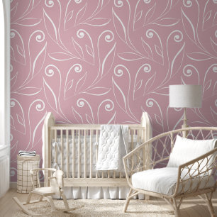 Dusty Pink & White Elegant Foliage & Swirls Classy Wallpaper