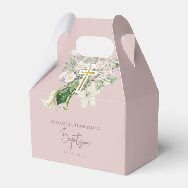 Dusty Pink White Floral Religious Cross Baptism Favour Box (Front Side)