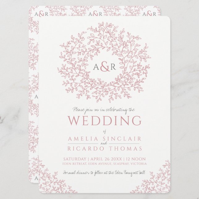 Dusty pink white hand drawn leaf monogram wedding invitation (Front/Back)