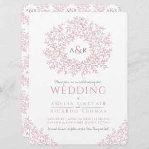 Dusty pink white hand drawn leaf monogram wedding invitation