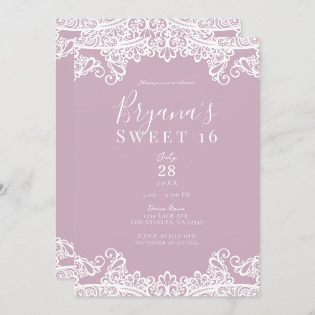 Dusty Pink & White Lace Elegant Sweet 16 Party    Invitation (Front/Back)
