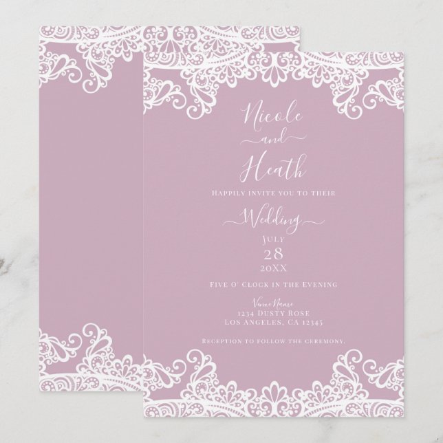 Dusty Pink & White Lace Elegant Wedding  Invitation (Front/Back)