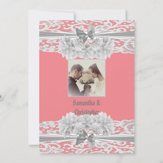 Dusty pink white lace wedding photo invitation (Back)