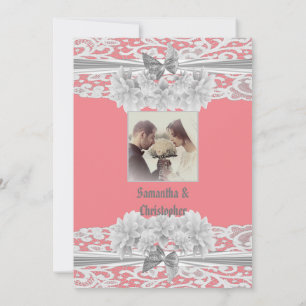 Dusty pink white lace wedding photo invitation