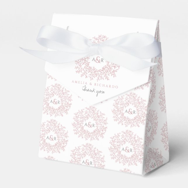 Dusty pink white leaf monogram wedding  favour box (Front Side)