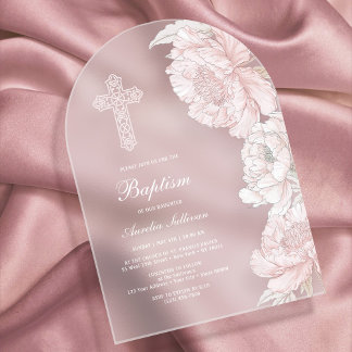 Dusty Pink White Peonies Arch Baptism Acrylic Invitations