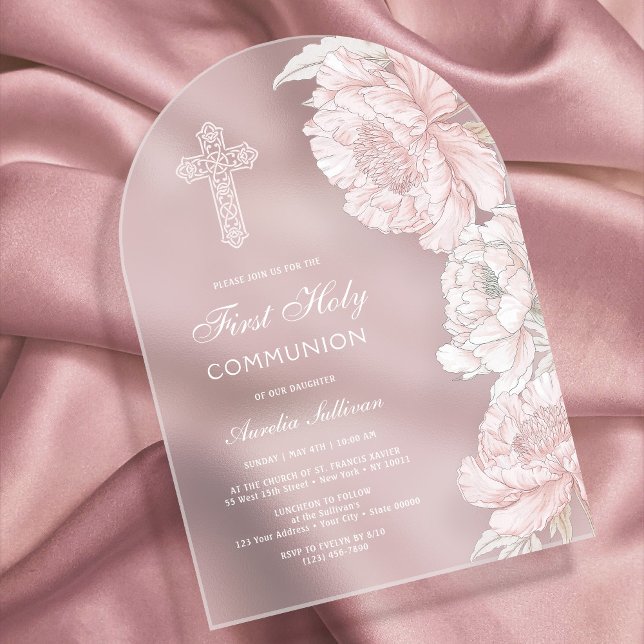 Dusty Pink White Peonies Arch First Communion Acrylic Invitations (Creator Uploaded)