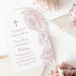 Dusty Pink White Peonies Arch Religious Wedding Invitation