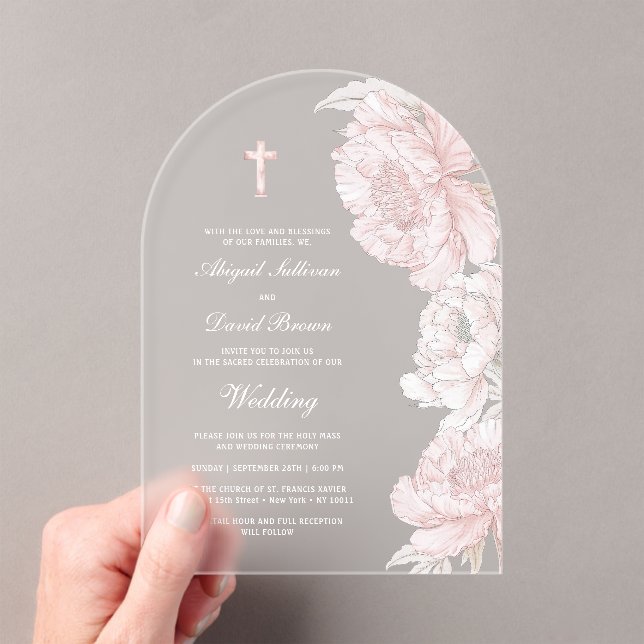 Dusty Pink White Peonies Arch Wedding Acrylic Invitations (Insitu (Handheld))