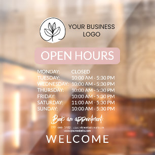 Dusty Pink White Small Business Logo Open Hours Window Cling