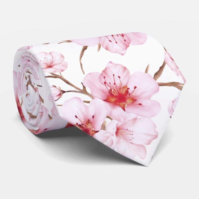 Dusty Pink White Watercolor Cherry Blossoms Tie (Rolled)