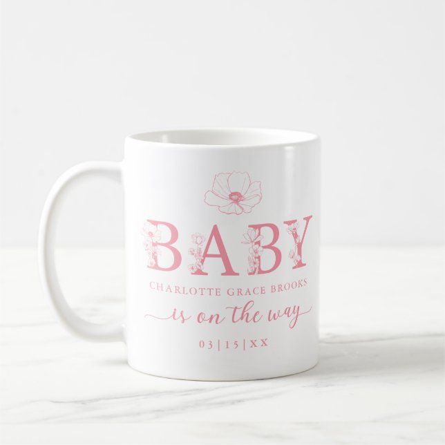 Dusty Pink Wildflower Baby Announcement Coffee Mug (Left)