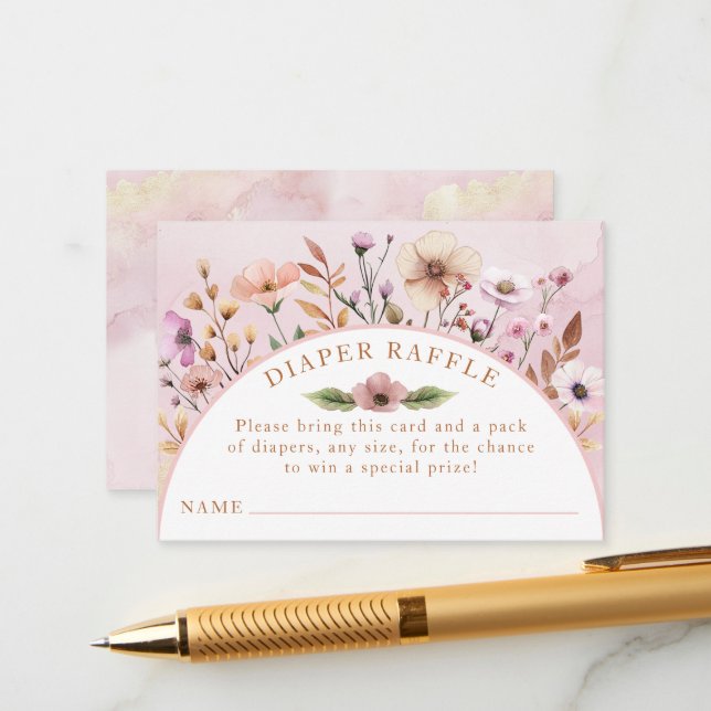 Dusty Pink Wildflower Diaper Raffle Card – Boho Fl (Front/Back In Situ)