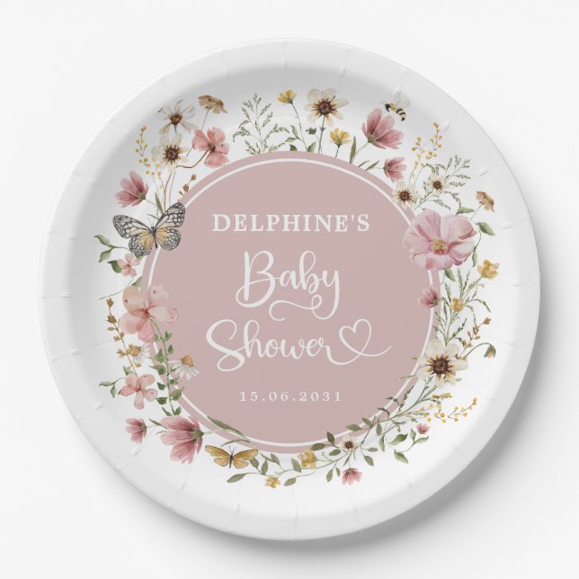 Dusty Pink Wildflower Garden Baby in Bloom Shower Paper Plate (Front)