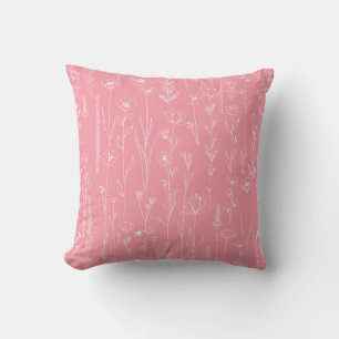 Dusty Pink Wildflower Line Art Floral Throw Pillow
