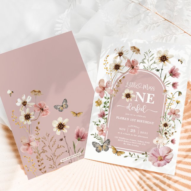 Dusty Pink Wildflower Miss Onederful 1st Birthday Invitation (Creator Uploaded)