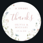 Dusty Pink Wildflower Rustic Boho thank you favour Classic Round Sticker<br><div class="desc">Elegant delicate watercolor wildflower wreath design with modern script. Pastel palettes of soft blush pink,  off white,  beige,  dusty blue,  and botanical greenery,  simple and romantic. Great for modern something blue rustic bridal shower party,   boho country garden wedding in spring and summer. 
See all the matching pieces in collection.</div>
